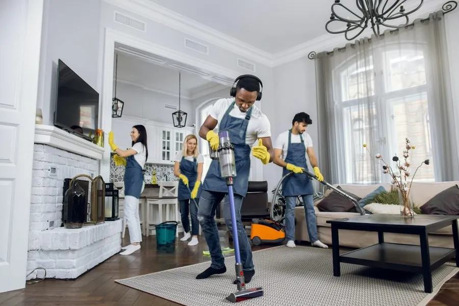 Cleaning team in blue aprons cleaning a living room